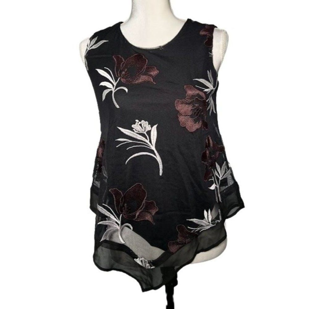 ALFANI‎ Petite Black Floral Embroidered Pointed Hem Blouse Top XS 0P/2P NWT